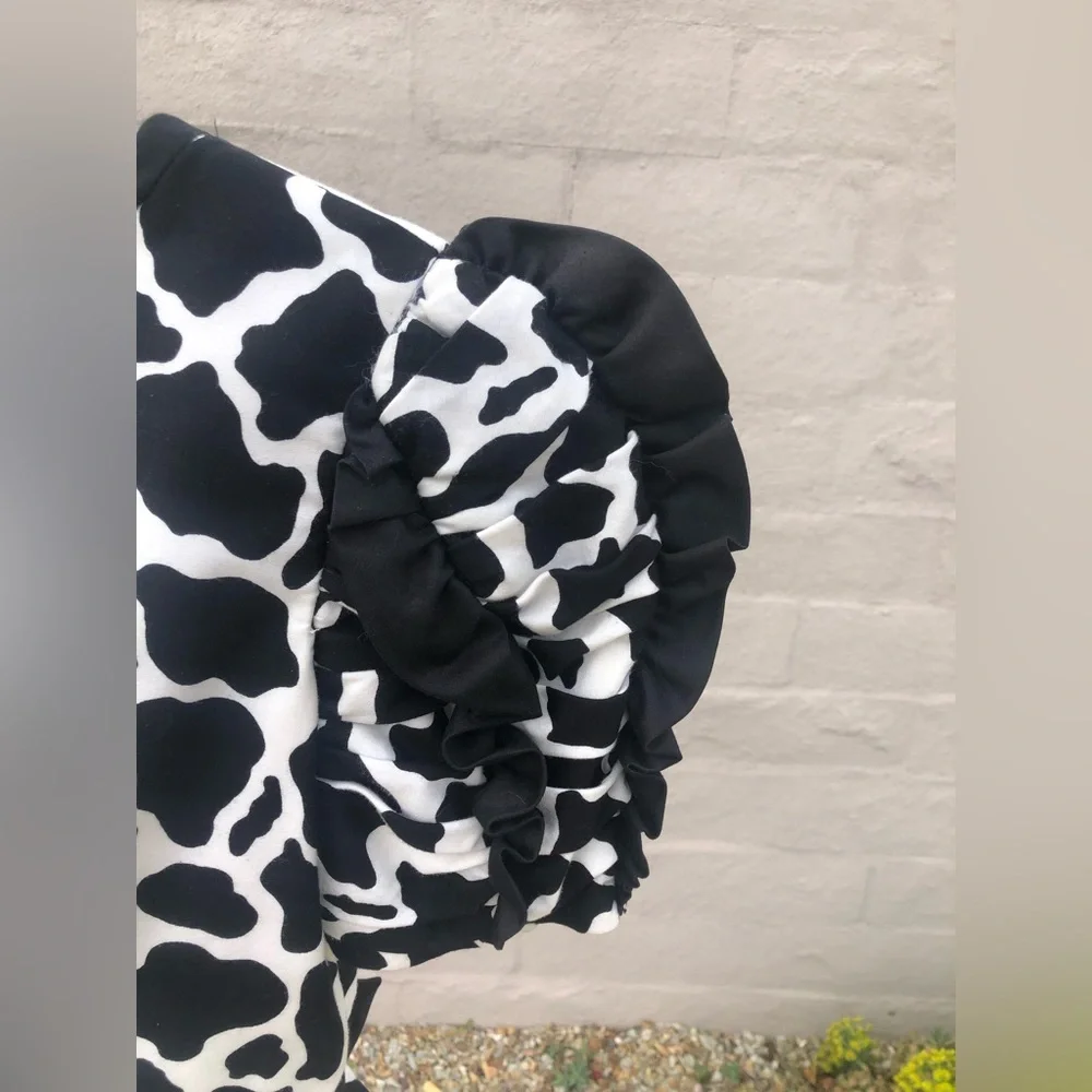 Vintage Peplum ruffle and bow low back cow print peplum dress puff sleeve - Picture 9 of 16